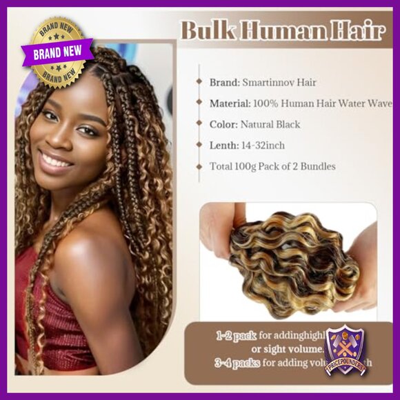 18 Inch Human Hair Extensions, Water Wave Curly Braiding Hair, 100g Pack main image 5